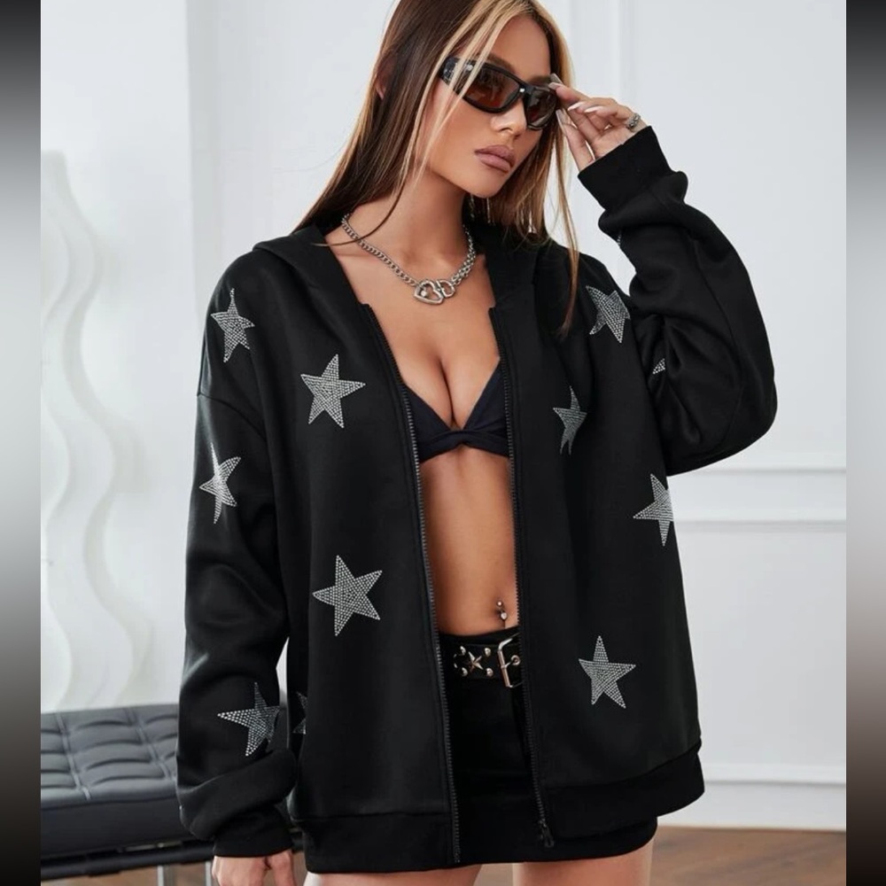 Star Rhinestone Drop Shoulder Zip Up Jacket with Pockets